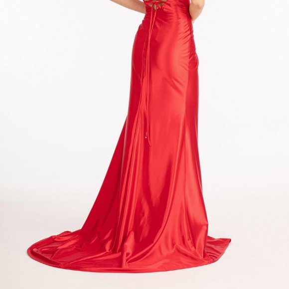 RED  Straight Across Satin Mermaid Dress w/ Lace-up Back Slit DRESS GL3061 - Picture 5 of 5
